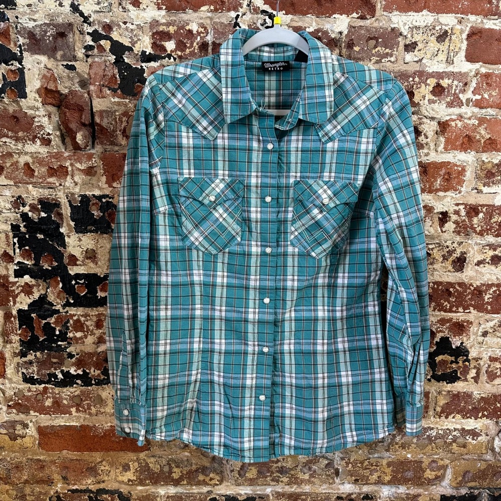 Wrangler Shirt Western Snap Button Up Rodeo L/S Green Plaid Womens Medium
